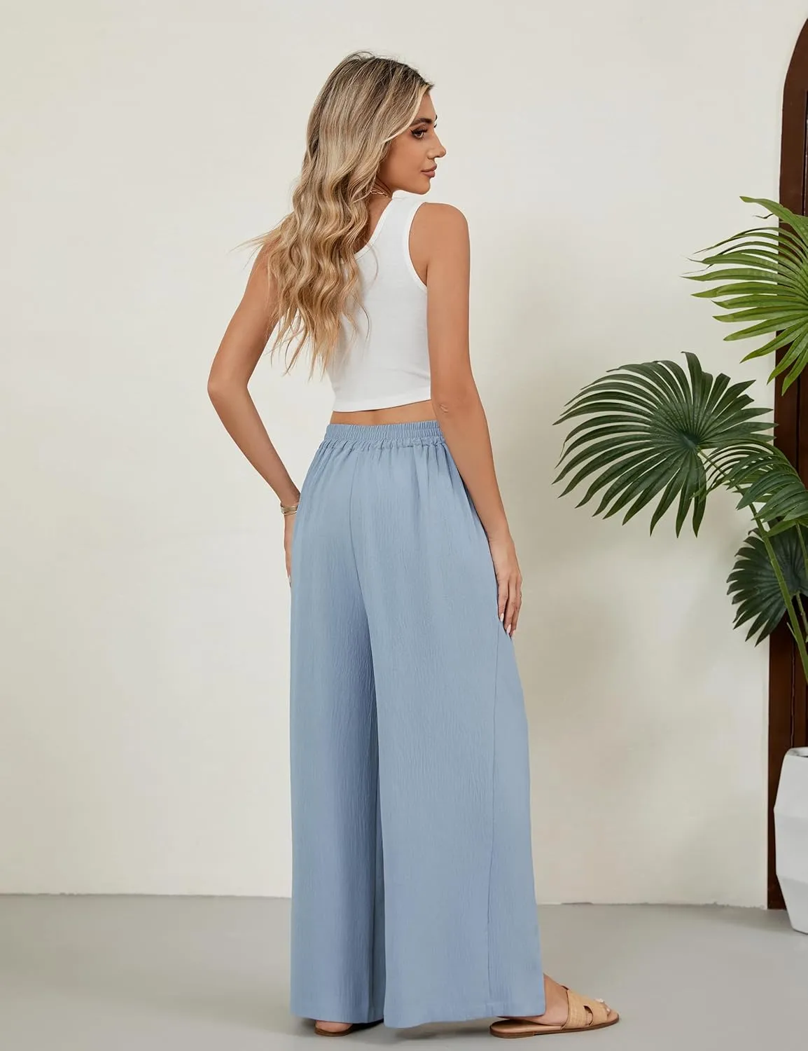 Blooming Jelly Women Palazzo Pants Wide Leg Center Split Casual Pants Flowy Elastic High Waisted Trousers Vacation Outfits