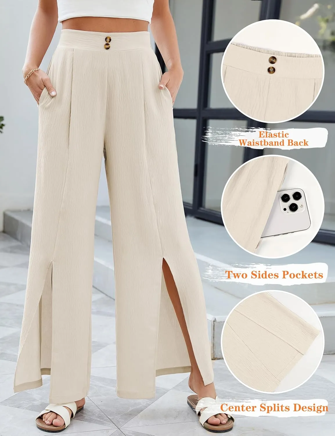 Blooming Jelly Women Palazzo Pants Wide Leg Center Split Casual Pants Flowy Elastic High Waisted Trousers Vacation Outfits