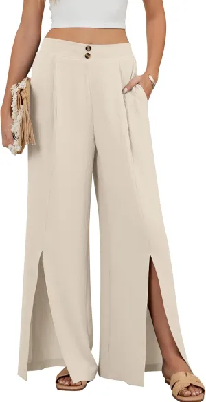 Blooming Jelly Women Palazzo Pants Wide Leg Center Split Casual Pants Flowy Elastic High Waisted Trousers Vacation Outfits
