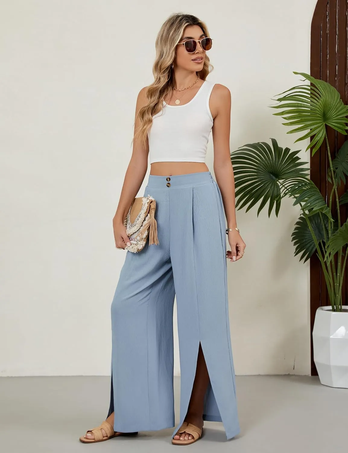 Blooming Jelly Women Palazzo Pants Wide Leg Center Split Casual Pants Flowy Elastic High Waisted Trousers Vacation Outfits