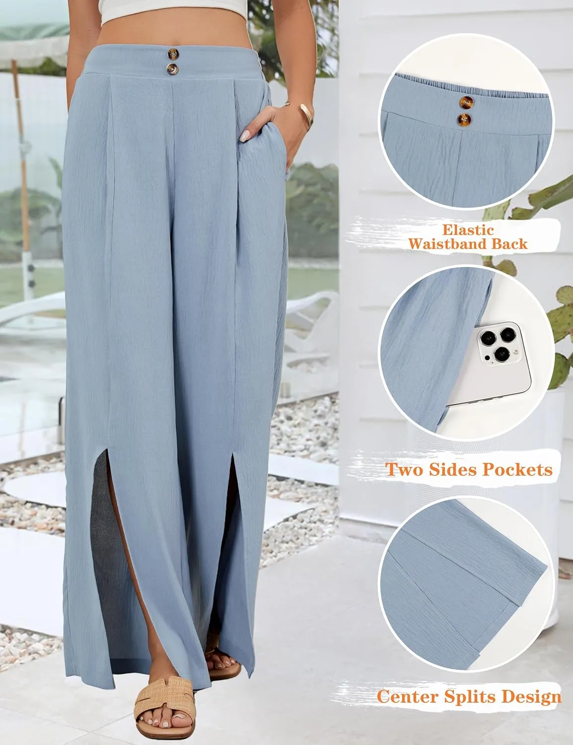 Blooming Jelly Women Palazzo Pants Wide Leg Center Split Casual Pants Flowy Elastic High Waisted Trousers Vacation Outfits