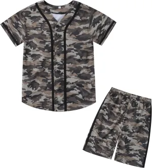 Boys Camouflage Short Sleeve T-Shirt and Shorts Set 2 Piece Summer Camo Baseball Clothes Outfit for Kids Ages 2-14