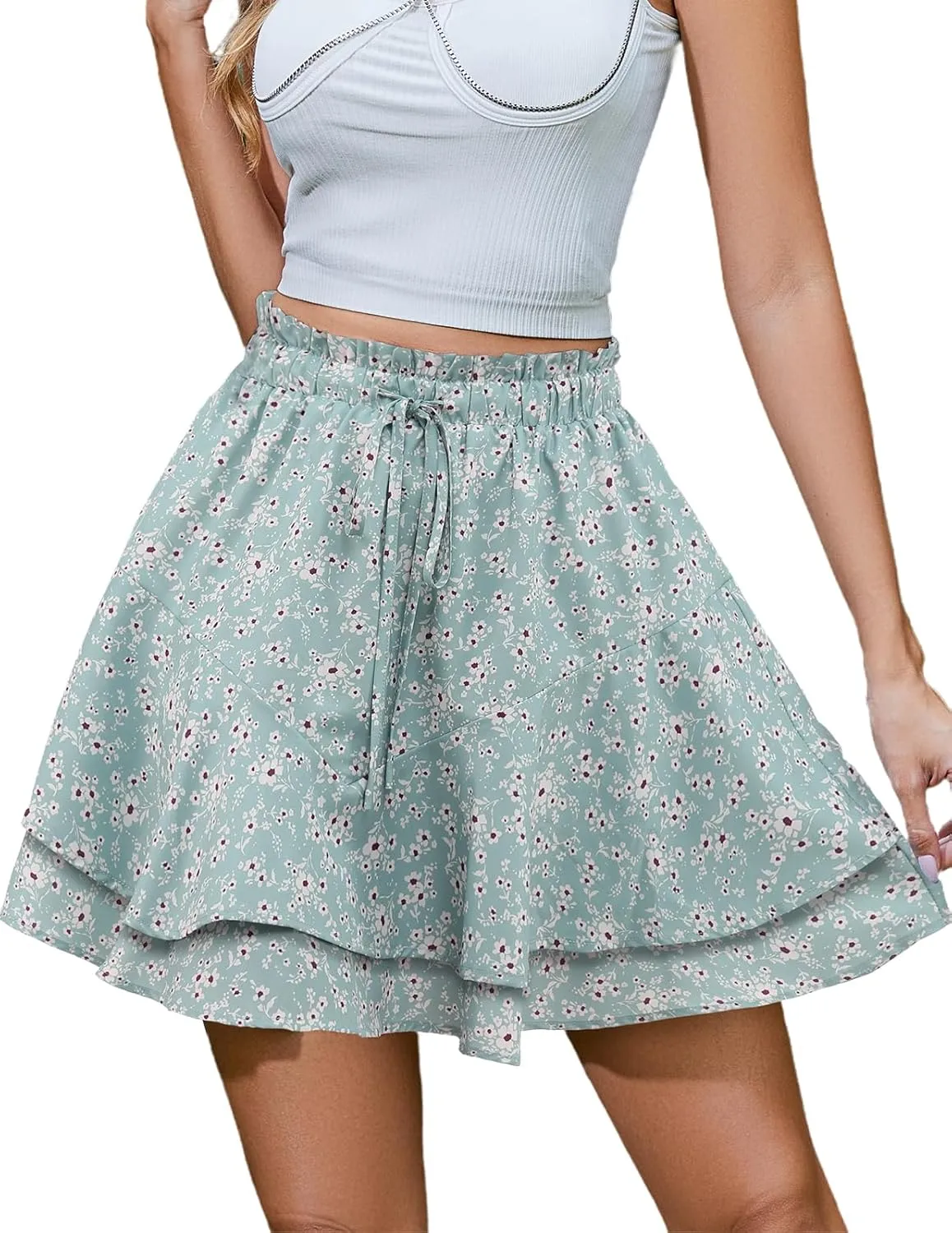 Bridesmay Flowy Shorts for Women Summer Ruffle Mini Skirt Boho Floral Skorts for Casual, Running and Tennis