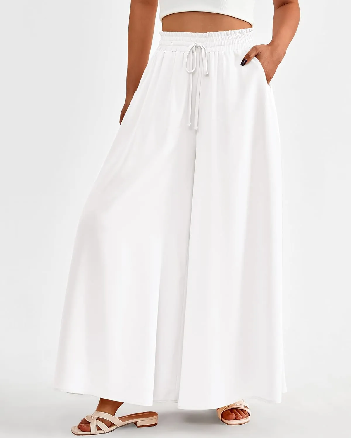 BTFBM Women Casual High Waist Wide Leg Pants Summer Floral Solid Long Palazzo Pants Lounge Beach Trousers with Pocket