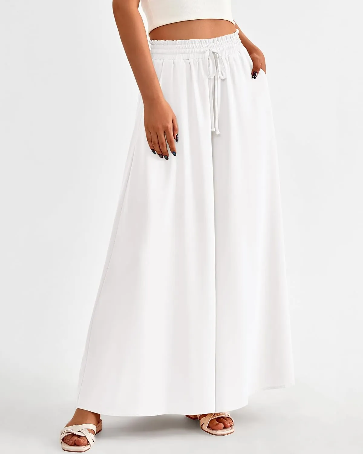 BTFBM Women Casual High Waist Wide Leg Pants Summer Floral Solid Long Palazzo Pants Lounge Beach Trousers with Pocket
