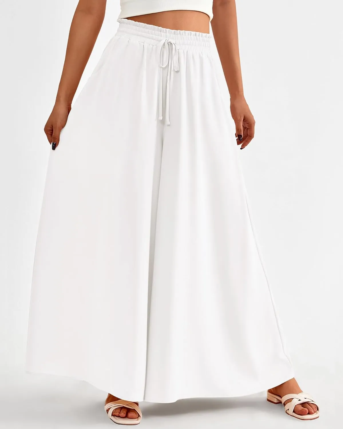 BTFBM Women Casual High Waist Wide Leg Pants Summer Floral Solid Long Palazzo Pants Lounge Beach Trousers with Pocket