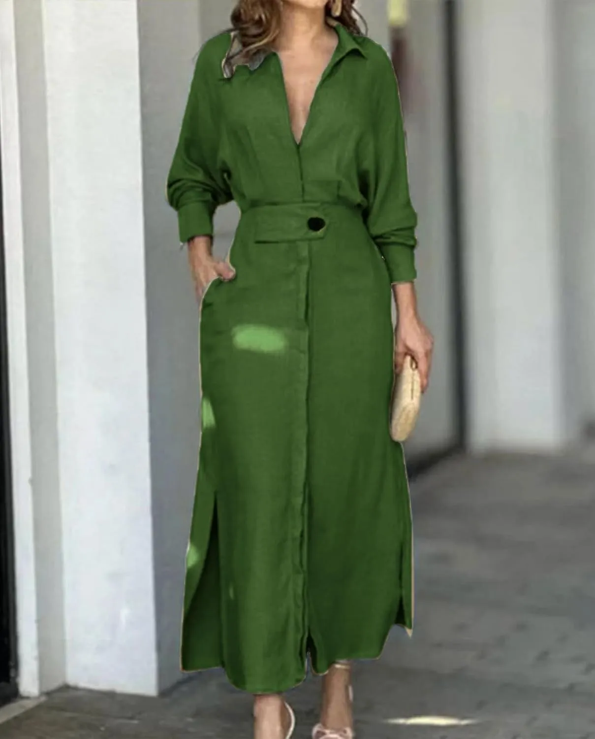 Button Down Shirt Dress for Women Cotton Linen Solid Casual V-Neck Long Sleeve Maxi Dresses with Pockets