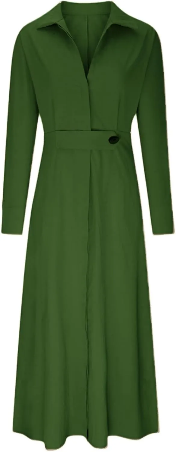 Button Down Shirt Dress for Women Cotton Linen Solid Casual V-Neck Long Sleeve Maxi Dresses with Pockets