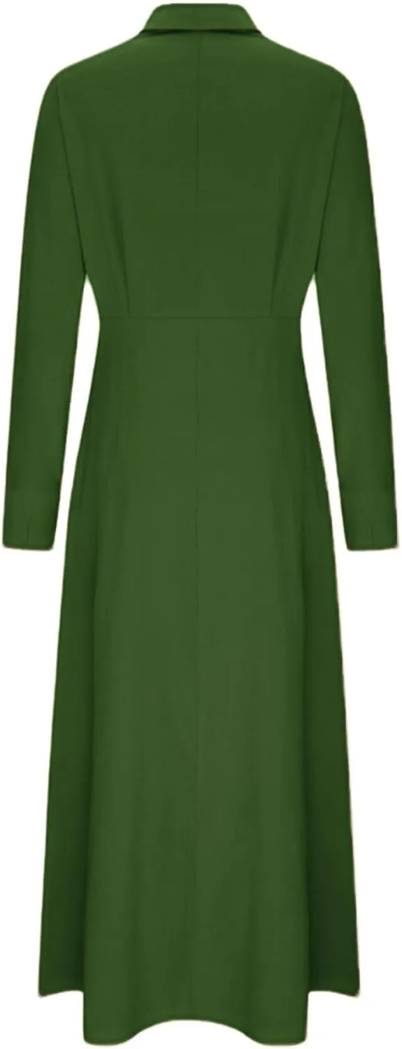 Button Down Shirt Dress for Women Cotton Linen Solid Casual V-Neck Long Sleeve Maxi Dresses with Pockets