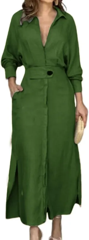 Button Down Shirt Dress for Women Cotton Linen Solid Casual V-Neck Long Sleeve Maxi Dresses with Pockets