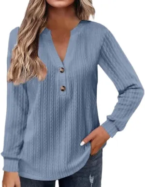 Button Down Shirt for Women Long Sleeve V Neck Henley Shirt Womens Spring Fashion 2025 Solid Color Loose Casual Blouse