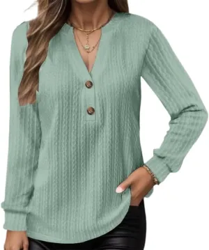 Button Down Shirt for Women Long Sleeve V Neck Henley Shirt Womens Spring Fashion 2025 Solid Color Loose Casual Blouse