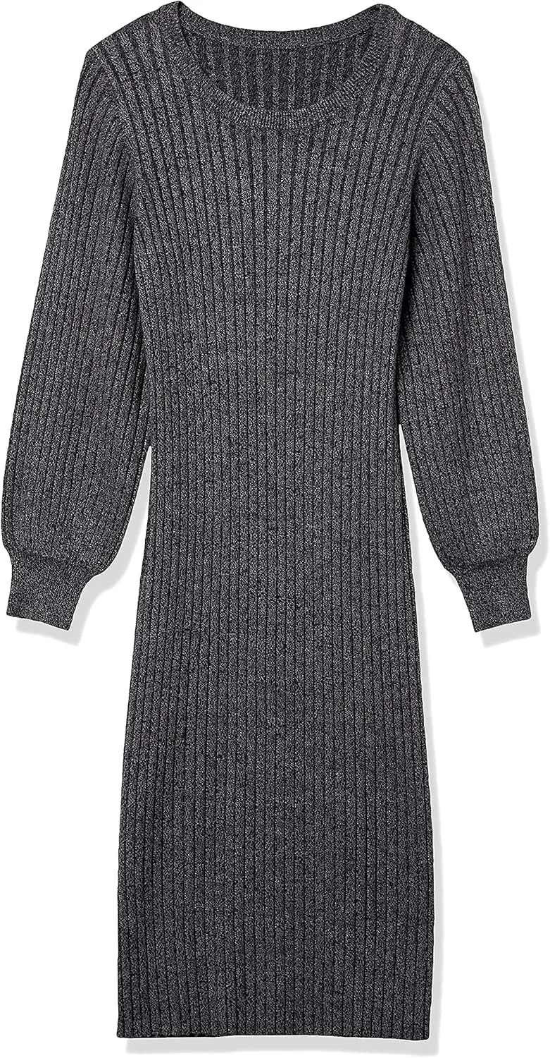 Cable Stitch Women's Ribbed Bishop Sleeve Dress - Crewneck Long Sleeve Knee-Length Solid/Striped Bodycon Sweater Knit Dress