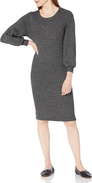 Cable Stitch Women's Ribbed Bishop Sleeve Dress - Crewneck Long Sleeve Knee-Length Solid/Striped Bodycon Sweater Knit Dress
