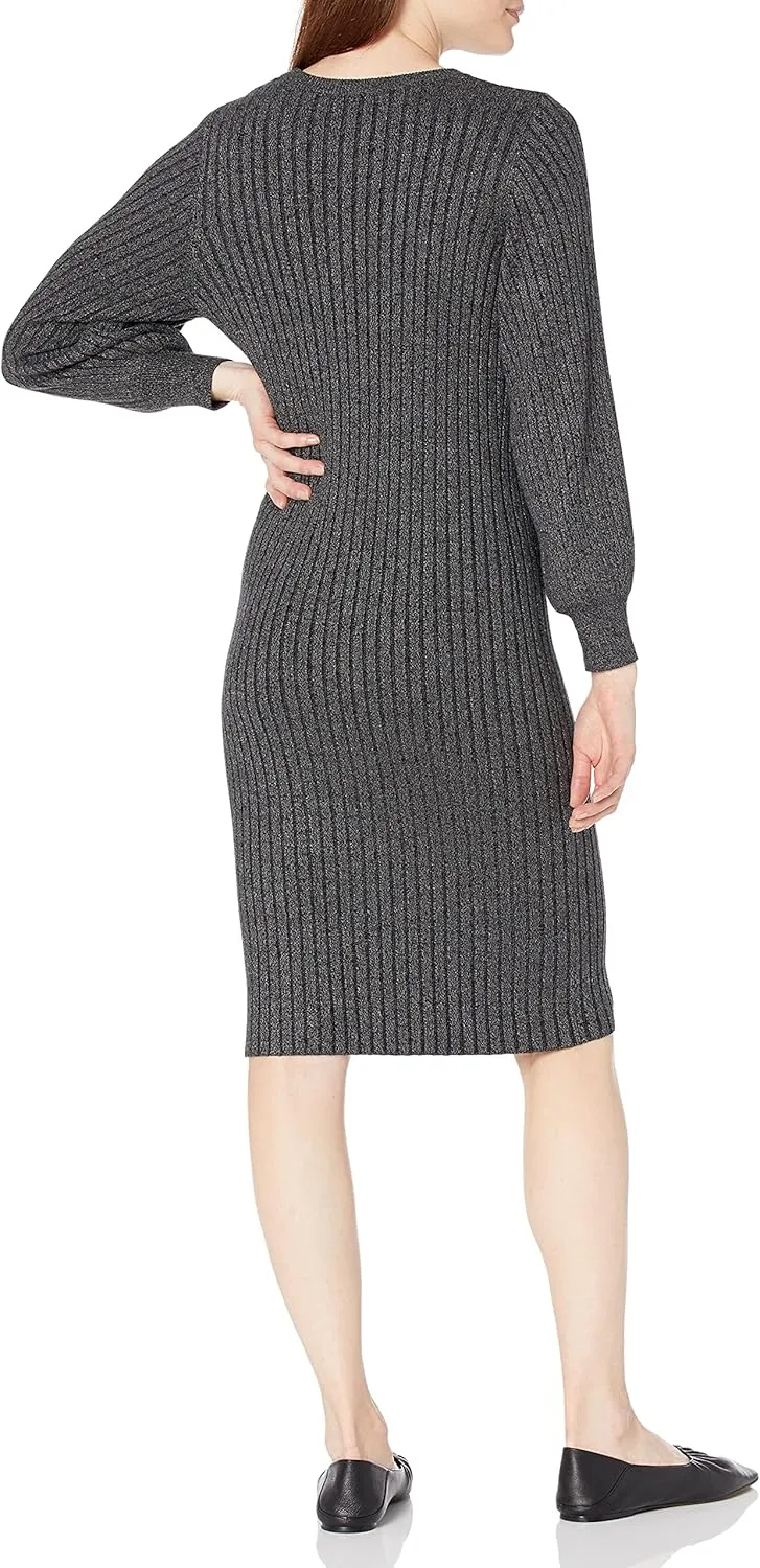 Cable Stitch Women's Ribbed Bishop Sleeve Dress - Crewneck Long Sleeve Knee-Length Solid/Striped Bodycon Sweater Knit Dress