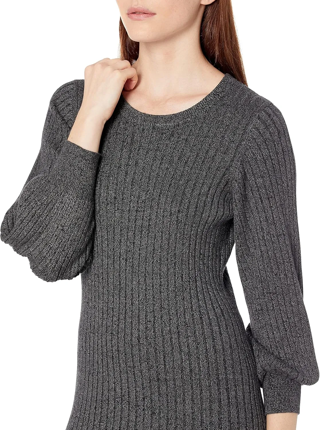 Cable Stitch Women's Ribbed Bishop Sleeve Dress - Crewneck Long Sleeve Knee-Length Solid/Striped Bodycon Sweater Knit Dress