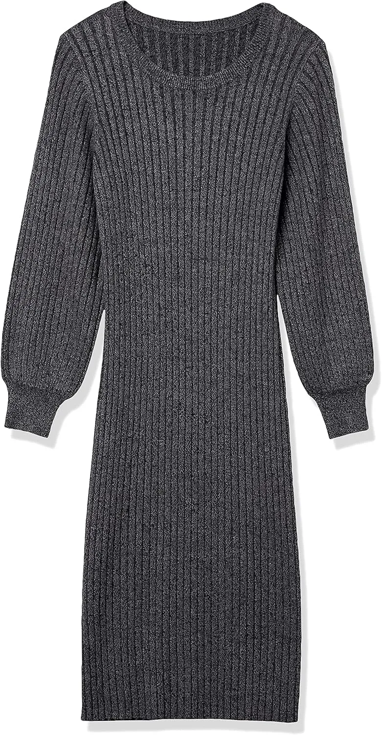 Cable Stitch Women's Ribbed Bishop Sleeve Dress - Crewneck Long Sleeve Knee-Length Solid/Striped Bodycon Sweater Knit Dress