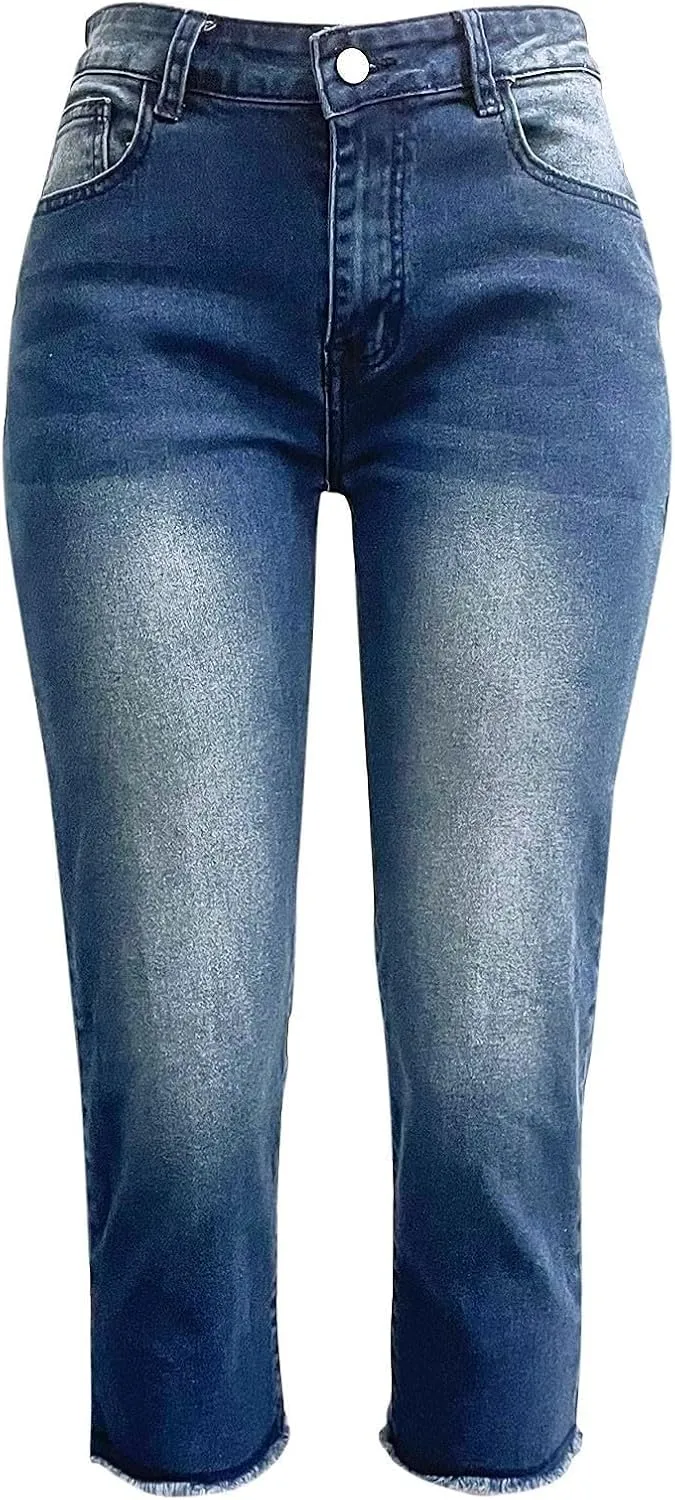 Capri Jeans for Women Raw Hem Stretchy Mid Rise Skinny Distressed Denim Butt Lifting Boyfriend Jeggings with Pockets