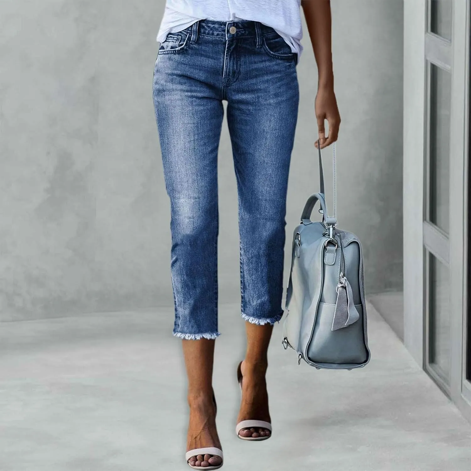 Capri Jeans for Women Raw Hem Stretchy Mid Rise Skinny Distressed Denim Butt Lifting Boyfriend Jeggings with Pockets