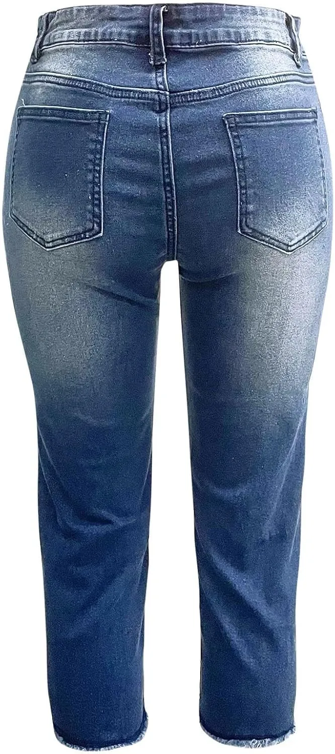 Capri Jeans for Women Raw Hem Stretchy Mid Rise Skinny Distressed Denim Butt Lifting Boyfriend Jeggings with Pockets