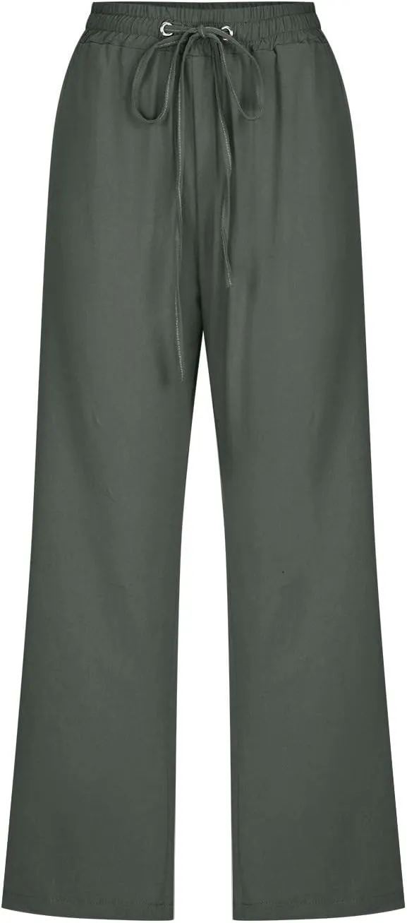 Capri Pants for Women Casual Cotton Linen Pant Summer Drawstring Elastic High Waist Straight Wide Leg Trouser