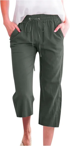Capri Pants for Women Casual Cotton Linen Pant Summer Drawstring Elastic High Waist Straight Wide Leg Trouser
