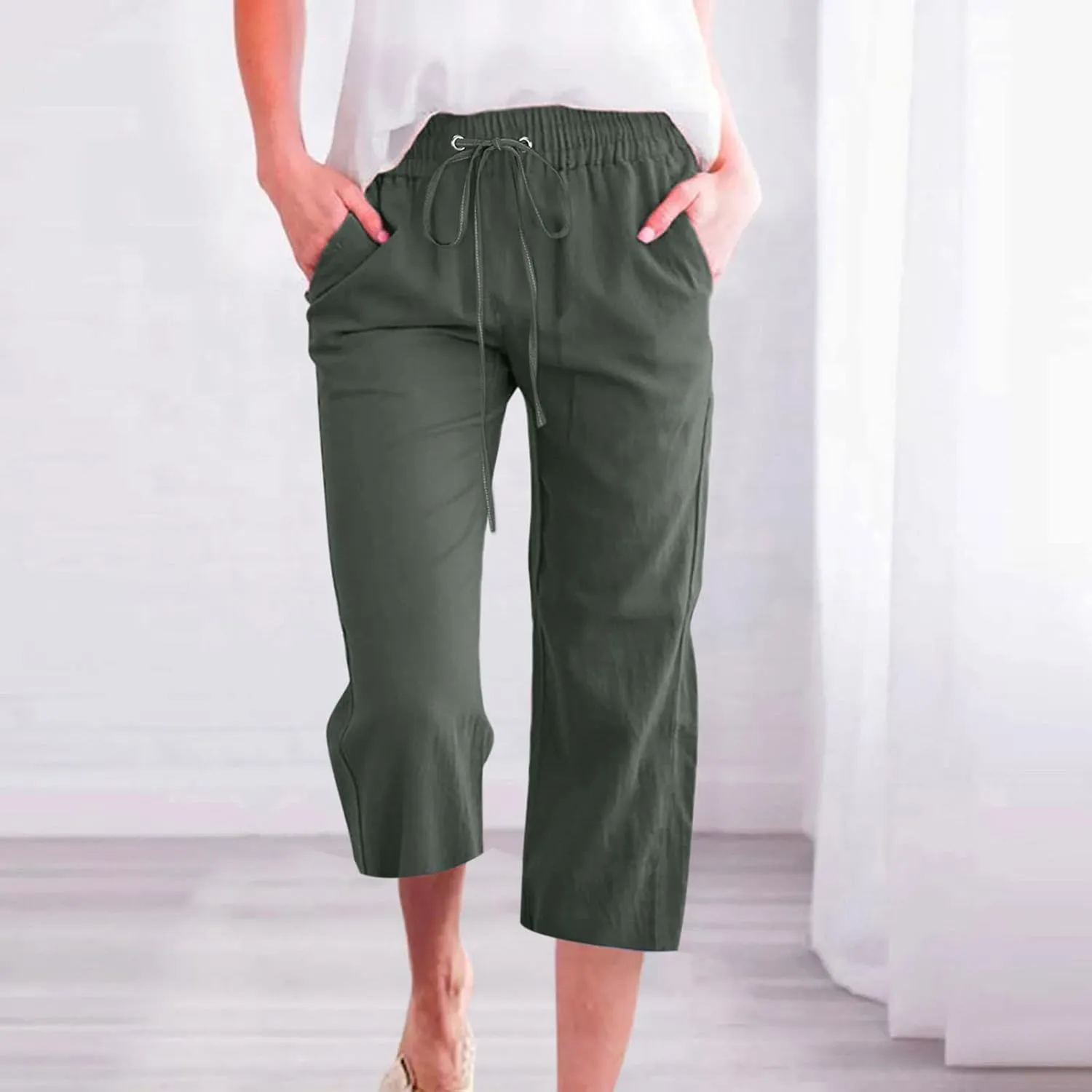 Capri Pants for Women Casual Cotton Linen Pant Summer Drawstring Elastic High Waist Straight Wide Leg Trouser