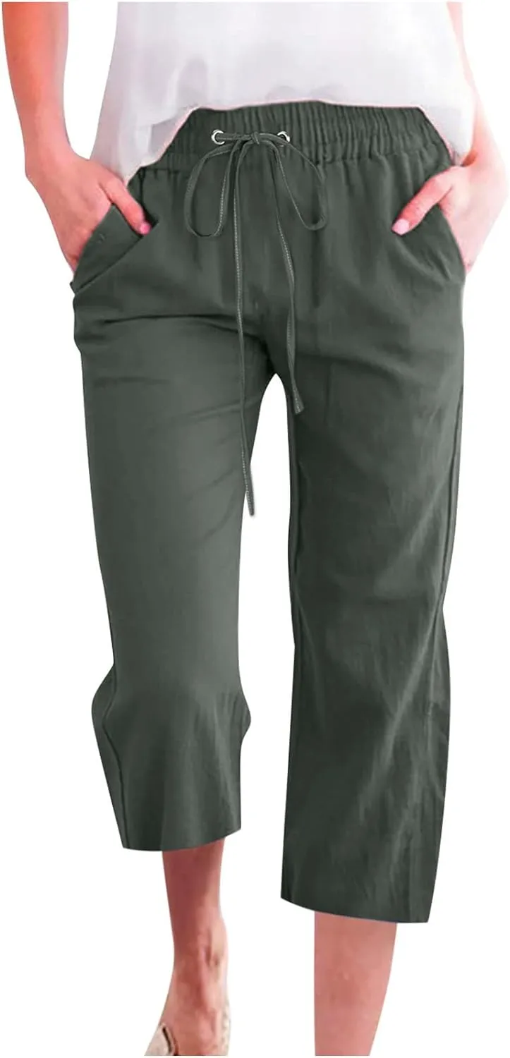 Capri Pants for Women Casual Cotton Linen Pant Summer Drawstring Elastic High Waist Straight Wide Leg Trouser