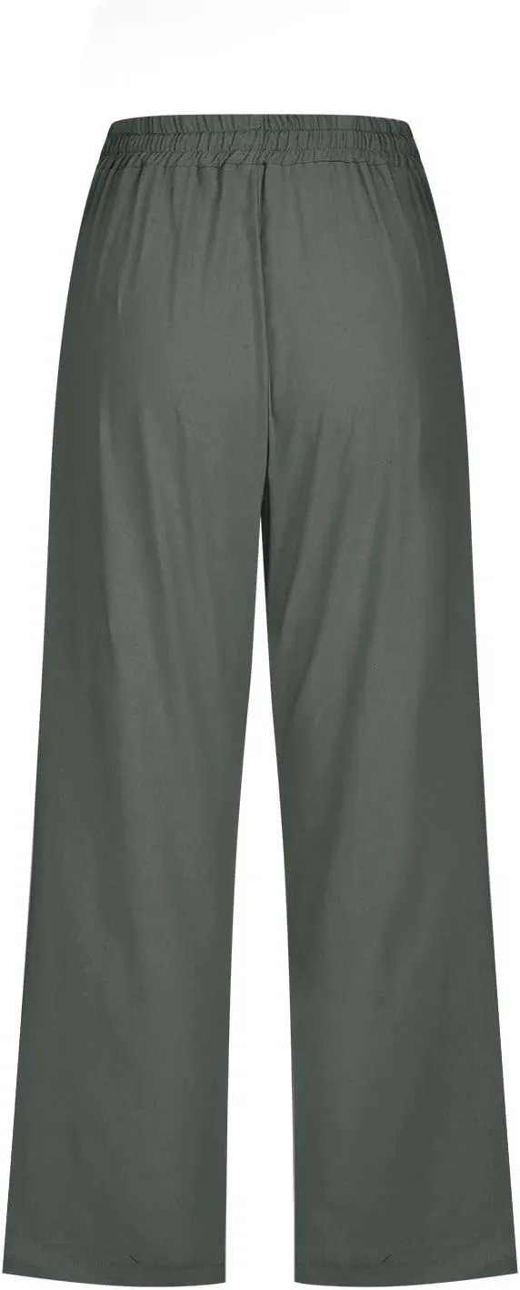 Capri Pants for Women Casual Cotton Linen Pant Summer Drawstring Elastic High Waist Straight Wide Leg Trouser