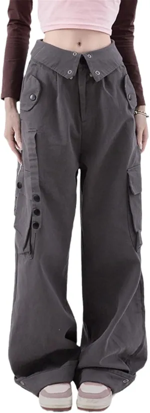 Cargo Pants Women Clamshell Waist Retro Straight Leg Casual Pant High Waist Multi-Pocket Breasted Wide Leg Trousers
