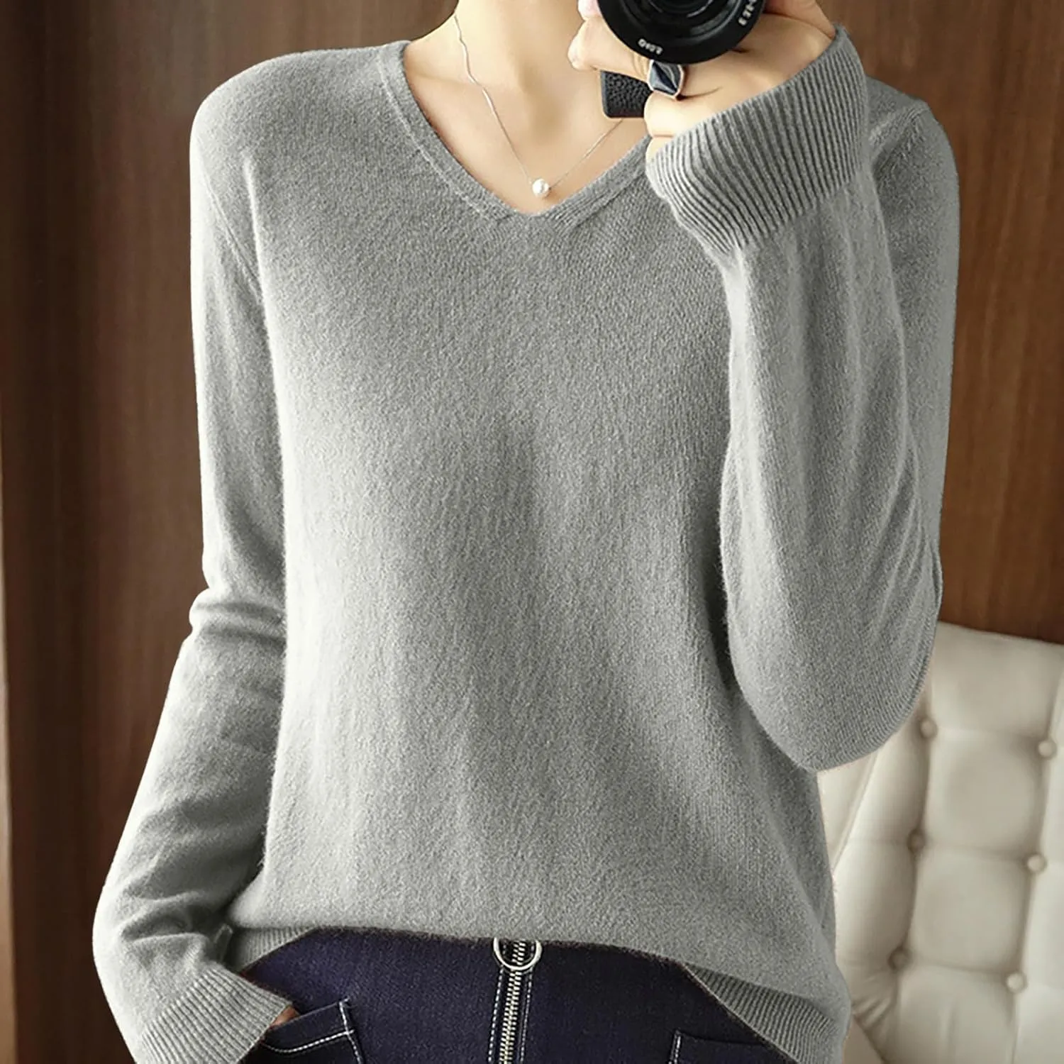 Cashmere Sweaters for Women Warm Cozy Long Sleeve v Neck Knit Pullover Sweater Casual Loose Soft Basic Jumper Tops