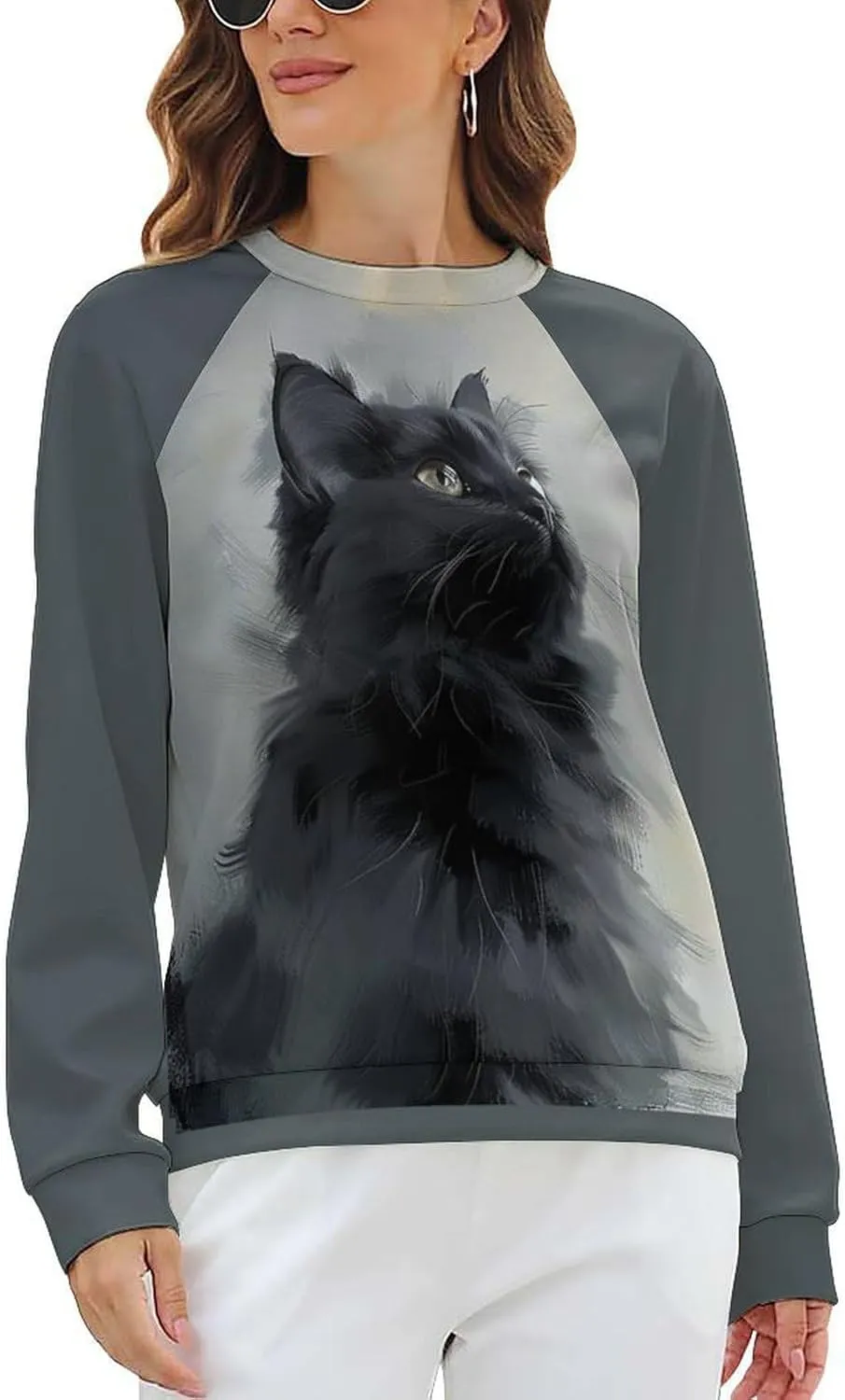 Cat Sweatshirts for Women Funny Long Sleeve Cute Cat Tee Shirts Graphic Womens Crew Neck Sweatshirt Pullover Tops