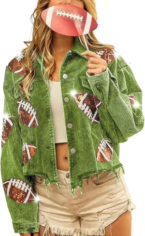 chouyatou Women Fall Sequin Rugby Distressed Corduroy Jacket Lightweight Frayed Oversized Denim Jacket