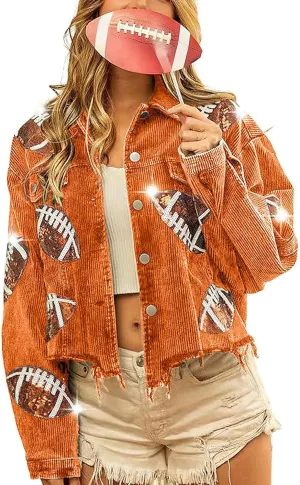 chouyatou Women Fall Sequin Rugby Distressed Corduroy Jacket Lightweight Frayed Oversized Denim Jacket