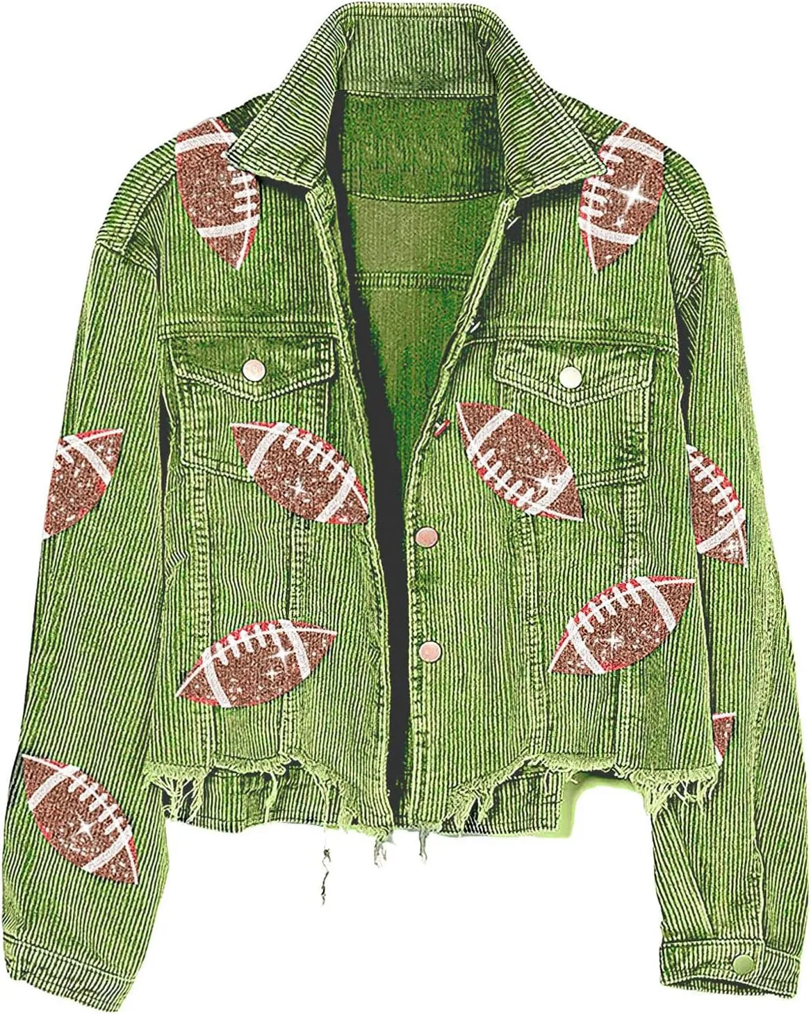 chouyatou Women Fall Sequin Rugby Distressed Corduroy Jacket Lightweight Frayed Oversized Denim Jacket