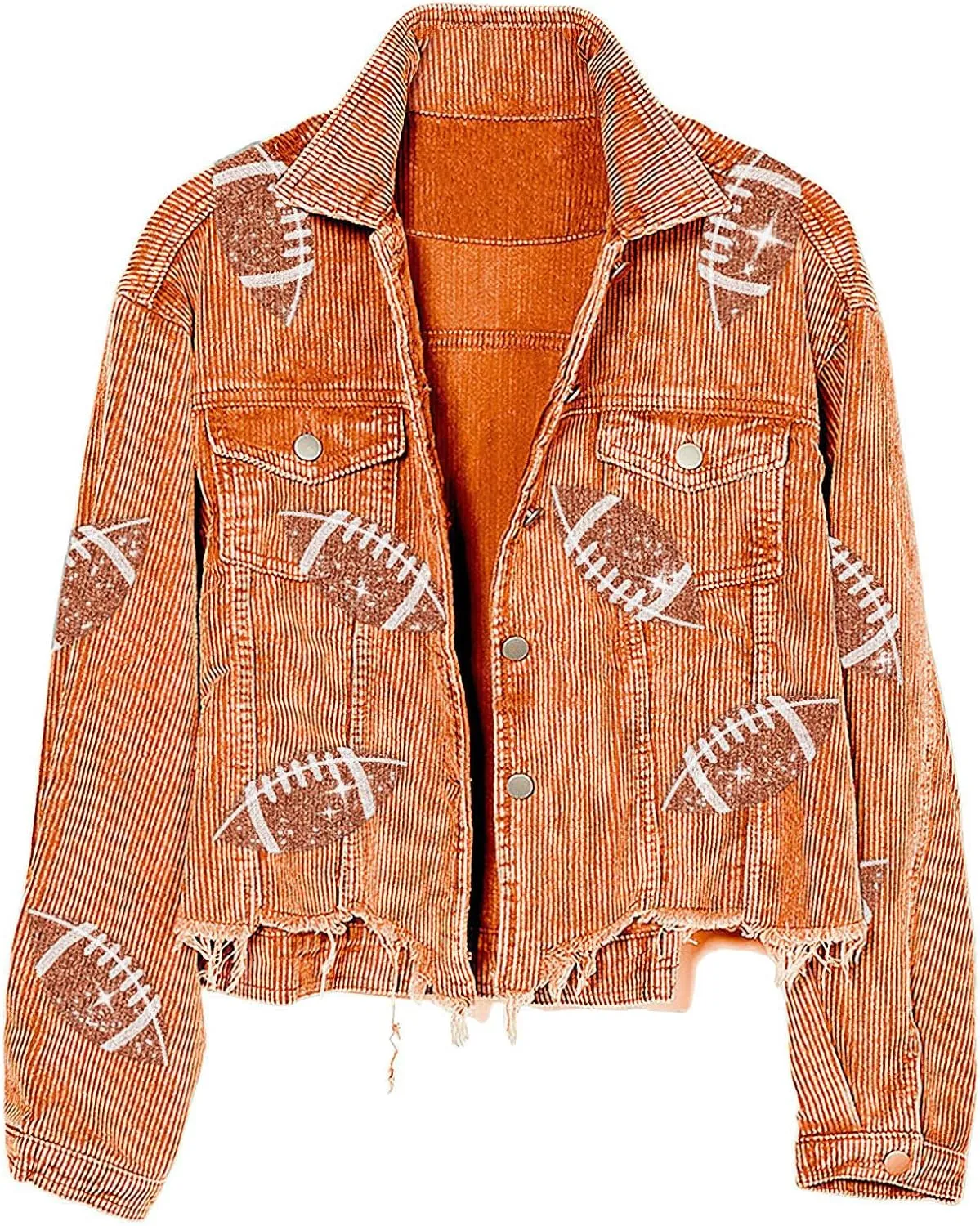 chouyatou Women Fall Sequin Rugby Distressed Corduroy Jacket Lightweight Frayed Oversized Denim Jacket