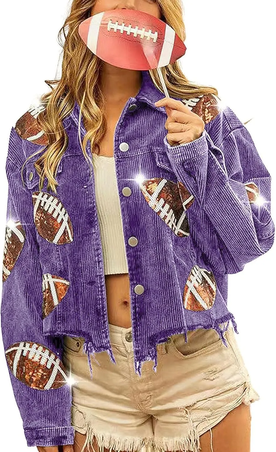 chouyatou Women Fall Sequin Rugby Distressed Corduroy Jacket Lightweight Frayed Oversized Denim Jacket
