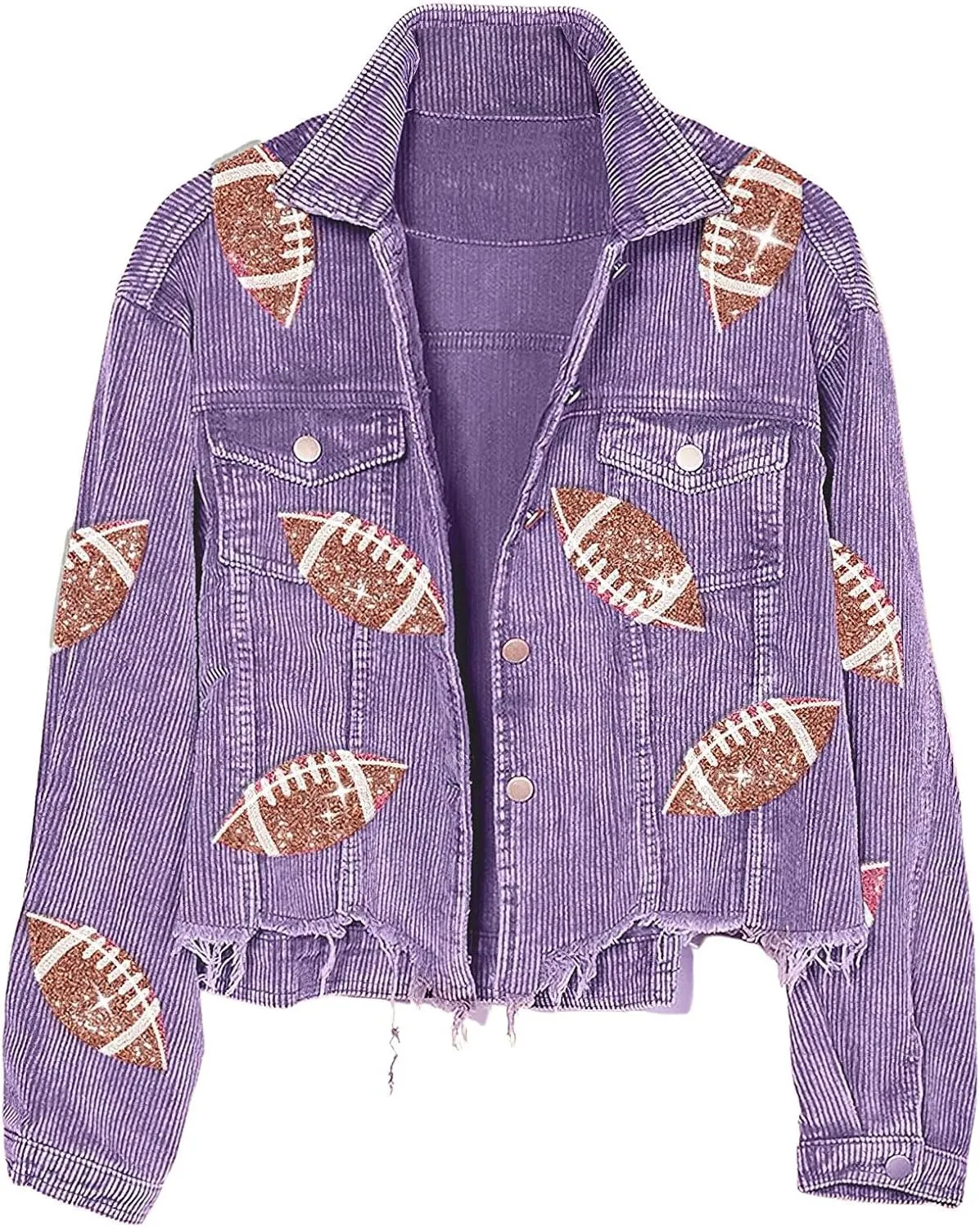 chouyatou Women Fall Sequin Rugby Distressed Corduroy Jacket Lightweight Frayed Oversized Denim Jacket