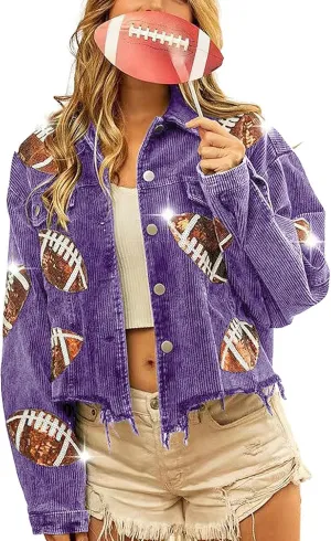 chouyatou Women Fall Sequin Rugby Distressed Corduroy Jacket Lightweight Frayed Oversized Denim Jacket