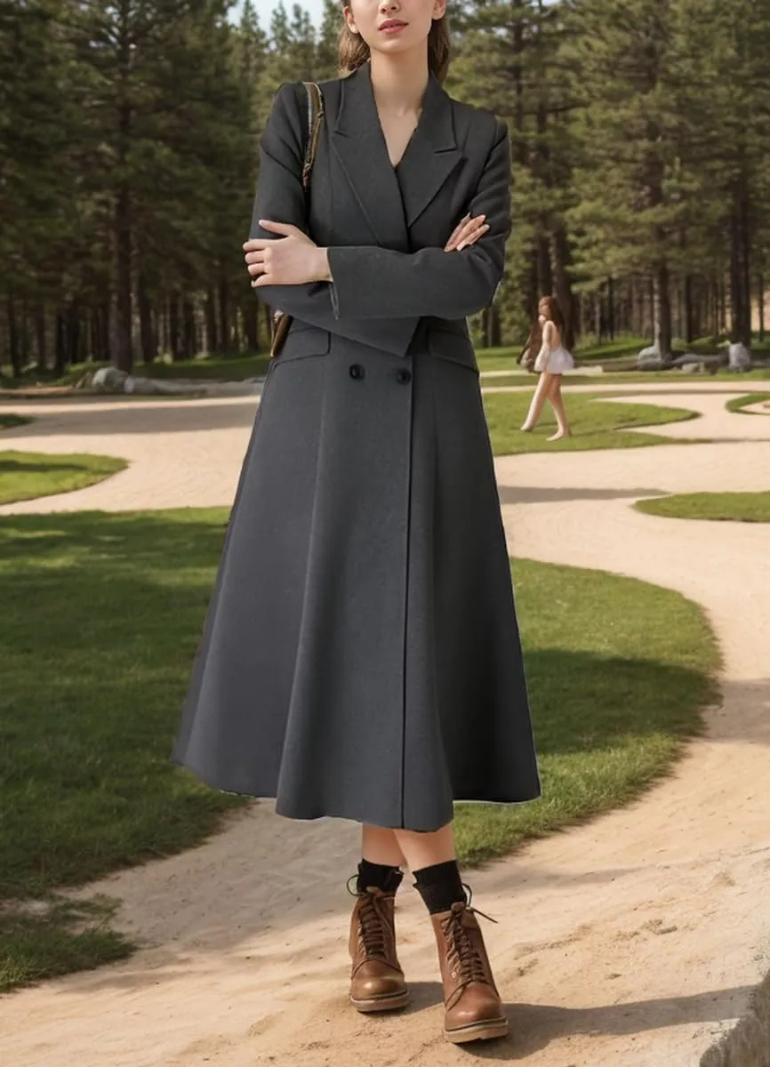 chouyatou Women's Double Breasted Midi Long Wool Notch Lapel Woolen Winter Trench Coat Overcoat