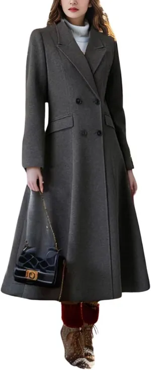 chouyatou Women's Double Breasted Midi Long Wool Notch Lapel Woolen Winter Trench Coat Overcoat