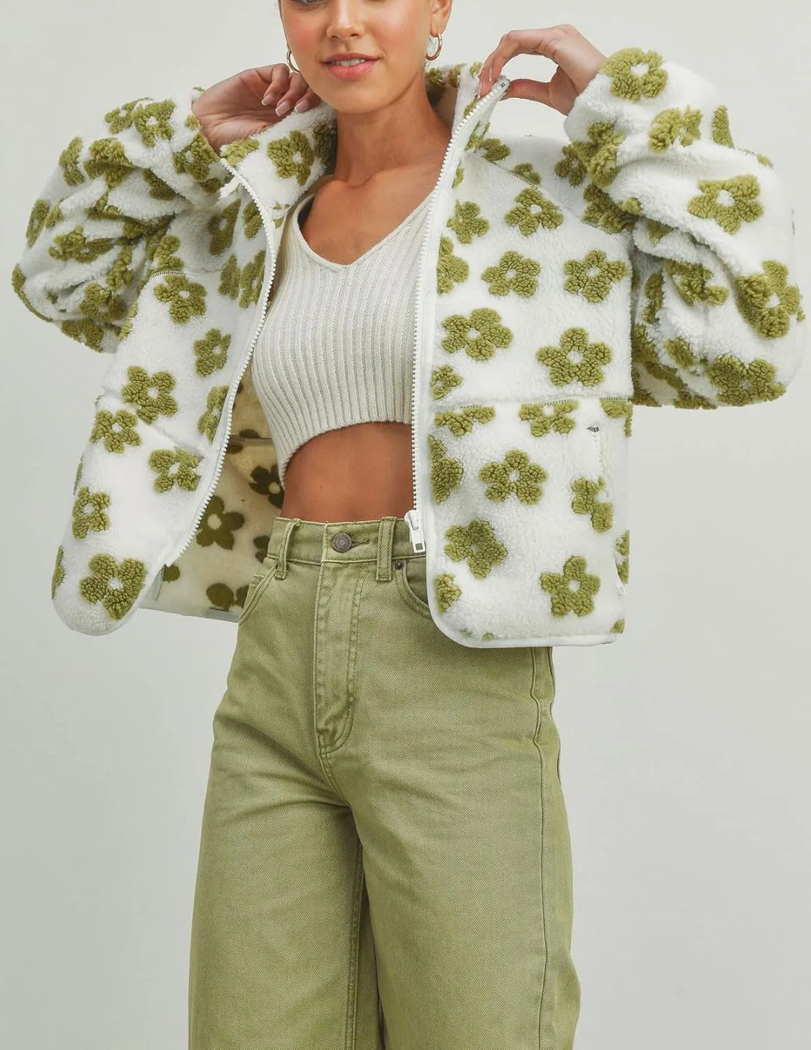 chouyatou Women's Fall Winter Casual Cute Floral Fleece Jacket Fuzzy Zip Up Sherpa Jacket Faux Fur Coat