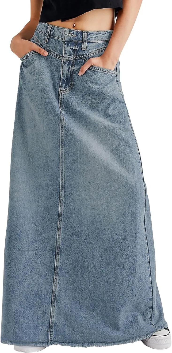 chouyatou Women's Vintage A-Line Frayed Maxi Denim Skirt Distressed High Waist Long Jean Skirt