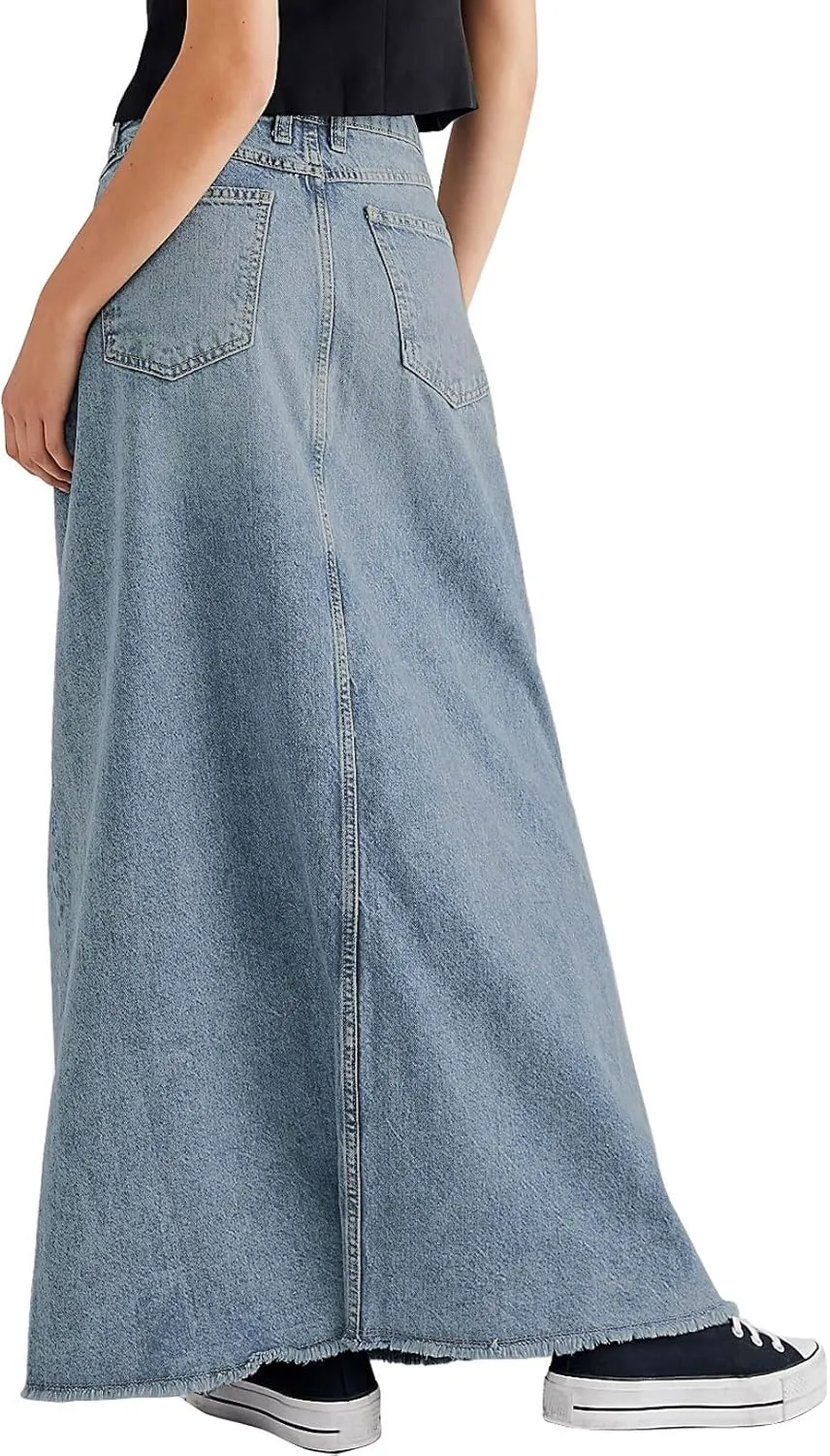 chouyatou Women's Vintage A-Line Frayed Maxi Denim Skirt Distressed High Waist Long Jean Skirt