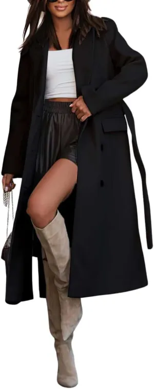 chouyatou Women's Winter Notch Lapel Wool Coat Double Breasted Business Casual Midi Long Woolen Trench Coat