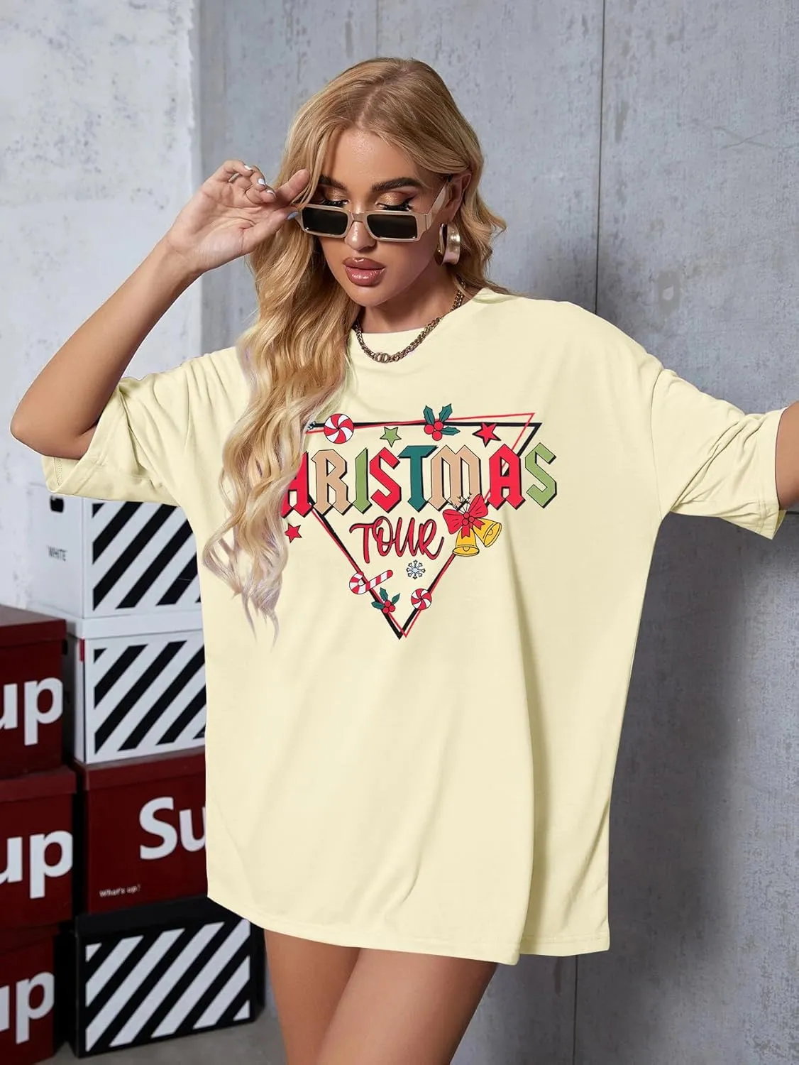 Christmas Shirts for Women Family Christmas Tour Oversized T-Shirt Casual Santa Holiday Party Tee Tops