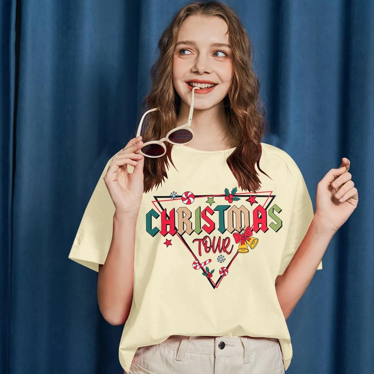 Christmas Shirts for Women Family Christmas Tour Oversized T-Shirt Casual Santa Holiday Party Tee Tops