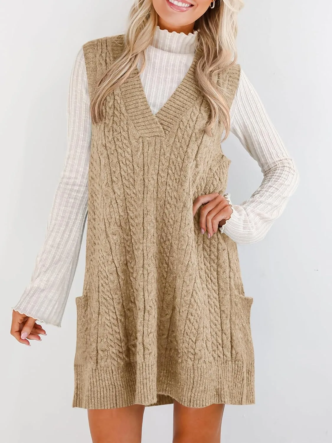 Cicy Bell Womens Oversized Sweater Vest Dress V Neck Sleeveless Trendy Casual Knit Cable Mini Dresses