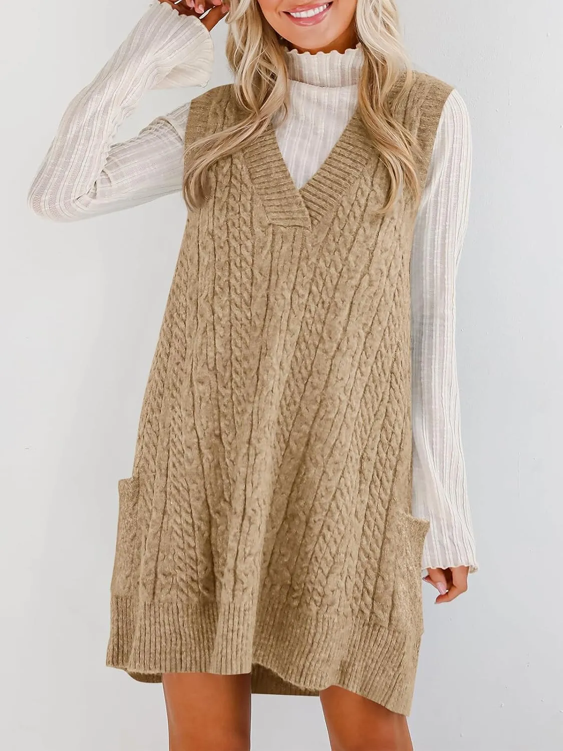 Cicy Bell Womens Oversized Sweater Vest Dress V Neck Sleeveless Trendy Casual Knit Cable Mini Dresses