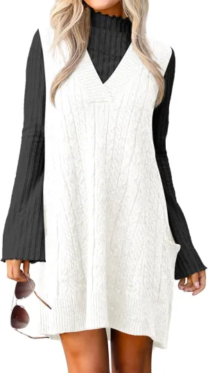 Cicy Bell Womens Oversized Sweater Vest Dress V Neck Sleeveless Trendy Casual Knit Cable Mini Dresses